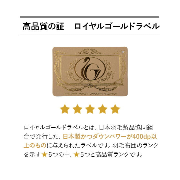 2枚合わせ羽毛布団 シングル 日本製 ロイヤルゴールドラベル ポーランド産ホワイトダックダウン93% 非圧縮 ループ付き 収納ケース付き