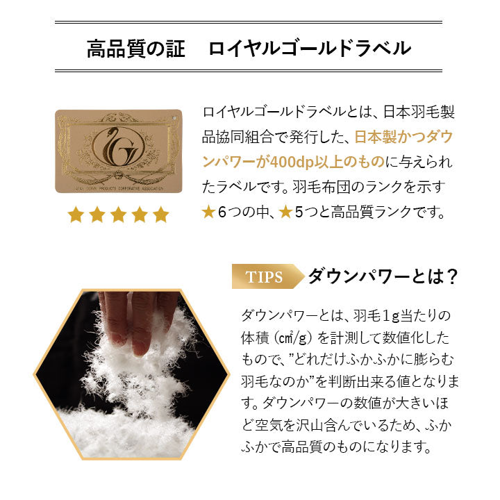 羽毛肌掛け布団 セミダブル 日本製 ロイヤルゴールドラベル ダウンケット ポーランド産ホワイトダックダウン93％ 非圧縮 ループ付き 収納ケース付き