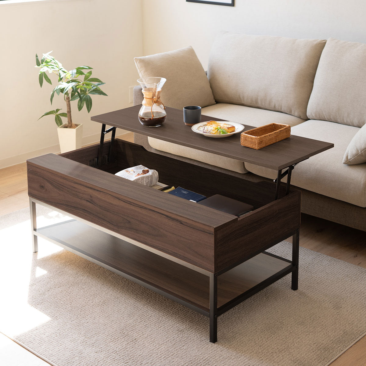 リフトアップテーブル 幅113cm ロングタイプ 長方形 昇降式 高さ調節可能 収納付き リフトテーブル ローテーブル センターテーブル 昇降式デスク パソコンデスク ワークデスク 机 作業台 木製 食事 仕事 リビング ダイニング