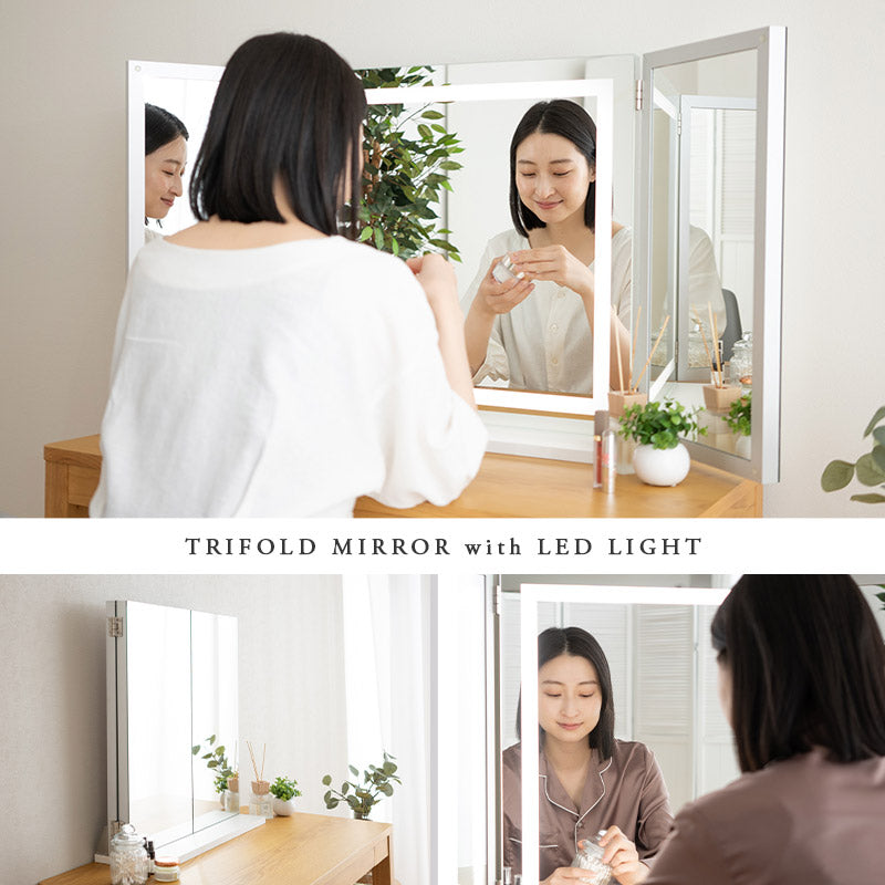 LEDライト付き 三面鏡 台座付き 閉じても使える 女優ミラー 女優鏡 スタンド 大型 タッチパネル