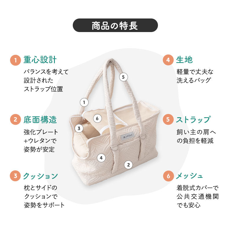 愛犬の負担が少ない ケアリーバッグ 超小型犬 小型犬 猫 ペット キャリーバッグ ペットキャリー 公共交通機関対応 傾きにくい 飛び出し防止 クッション付き 枕付き あご乗せ 洗える 移動 病院 通院 トリミング 旅行 行楽 お出かけ 防災 ケア 介護 介助 エムールねどっこ