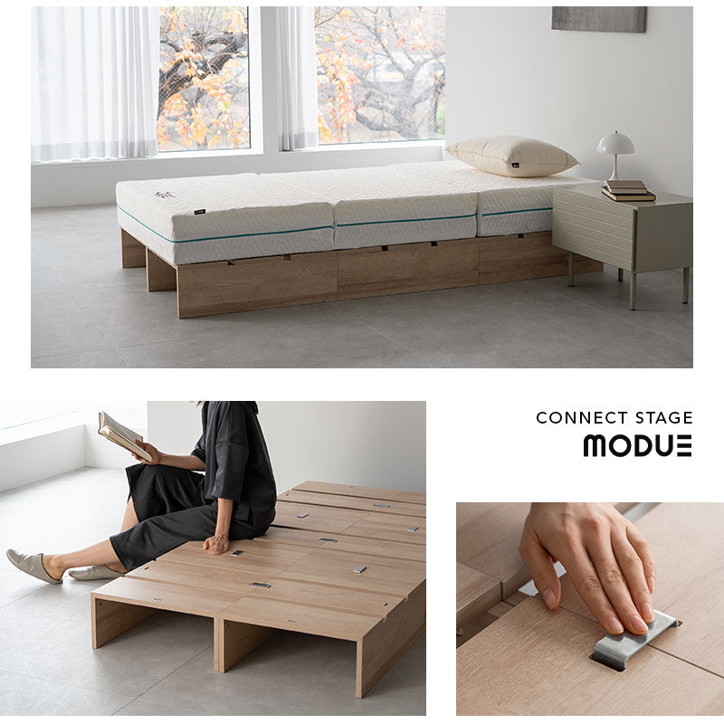 つなげて使える丈夫なステージベッド MODUE パレットベッド ローベッド ベッドフレーム 分割式 連結パーツ付き ロボット掃除機対応 組み換え自由 ジョイント 木製 軽量 耐久性 通気性 ベッド下収納 収納家具 シングルサイズ モデュ―