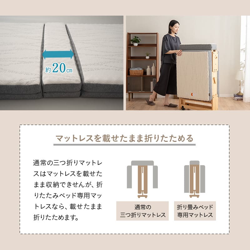 折りたたみベッド 3つ折り専用マットレス 2点セット 幅65cm コンパクトショートサイズ ごろ寝 子供用 狭小住宅 来客用 避難用