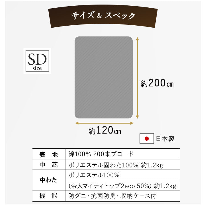 敷き布団 セミダブルサイズ  約120×200cm 日本製 軽量 6つ折り抗菌 防臭 防ダニ
