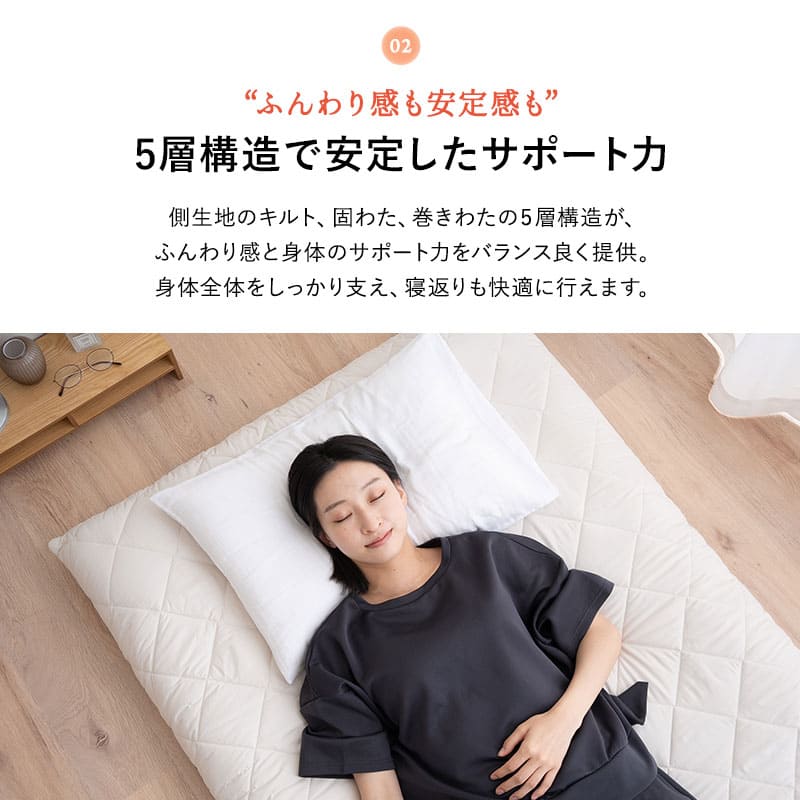 ふんわりボリューム敷き布団 極厚敷き布団 日本製 5層構造 極厚11cm ヘムレス 折りたたみ 軽量 腰痛対策