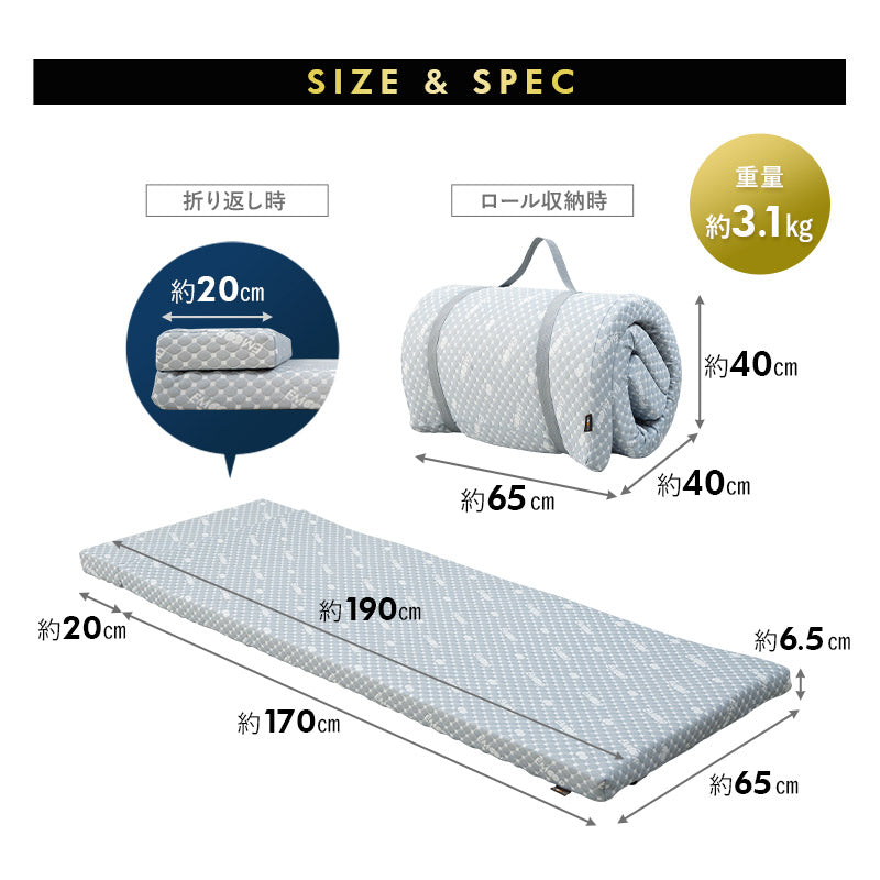 ロールマットレス スリムサイズ 65×190cm ロール式 ごろ寝 マットレス コンパクトサイズ リバーシブル まくら付き 高反発ウレタン 折りたたみ 車中泊 マット