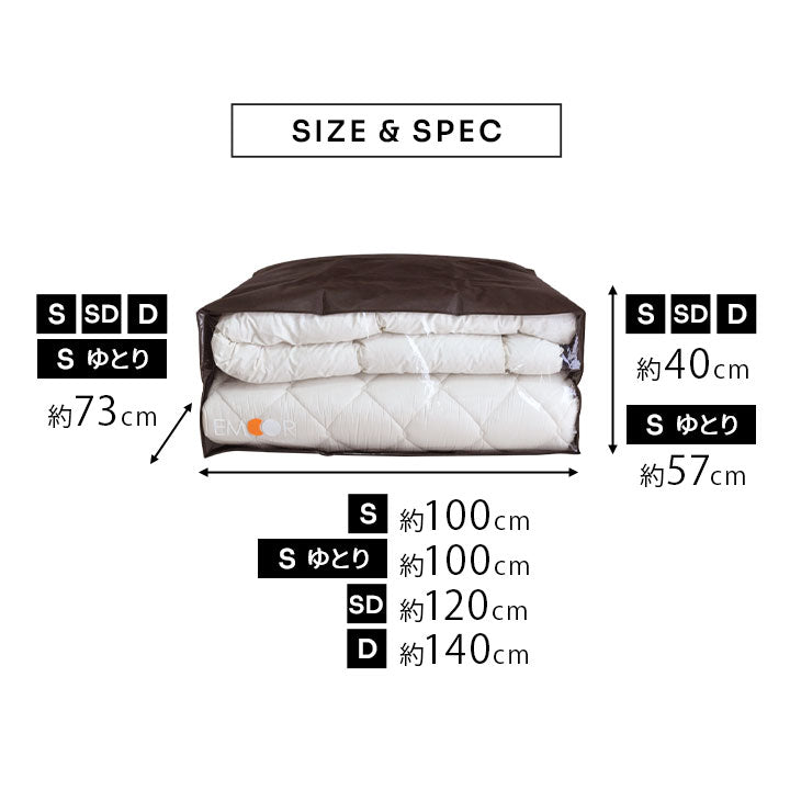 エムールオリジナル 布団セット収納ケース 6点セット (掛け布団・敷き布団・枕1～2個対応)  ダブルファスナー付き 中身が見える透明ビニール窓仕様