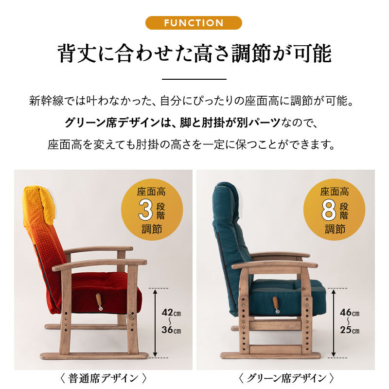 JR東日本コラボ 山形新幹線 E8系 ポケットコイル 高座椅子 普通席デザイン グリーン席デザイン 無段階リクライニング 肘付き 座面高調節可 チェア