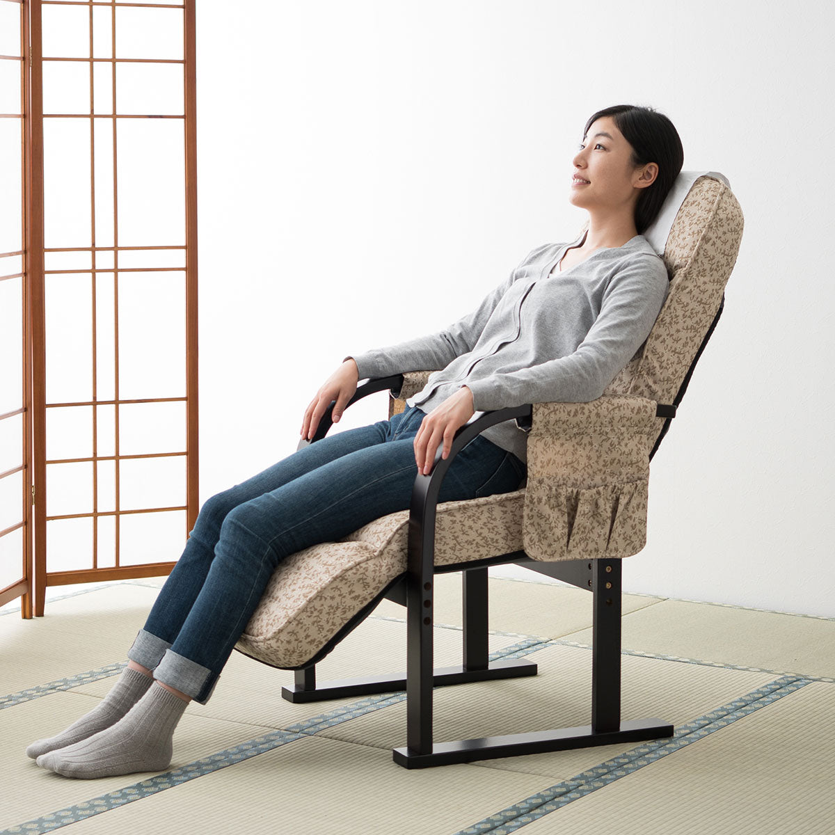 高座椅子 「きらく」 オットマン付き 7段階リクライニング サイドポケット付き ヘッドカバー付き 座面高調節可 組立不要 すぐに使える完成品