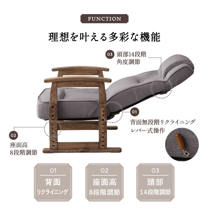 ポケットコイル高座椅子 オットマンスツール 2点セット リクライニングチェア 「かなた」 天然木 高さ調節可 腰痛対策 軽量 ショールーム体験可 完成品