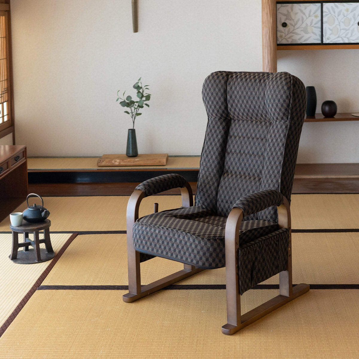 和モダン 高座椅子 「ゆるり」 座面高調節可 リクライニング レバー式 一人用 ハイバック 肘付き 旅館 立川ショールーム体験可