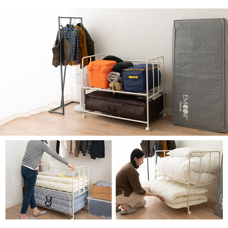 布団収納ラック 2段 大容量 取り出しやすい キャスター付き 高さ調節可能 通気性 収納 棚 台 布団セット 来客用 ふとん マットレス スーツケース アウトドア用品 衣類 寝具 クローゼット 押入 省スペース 衣替え オフシーズン