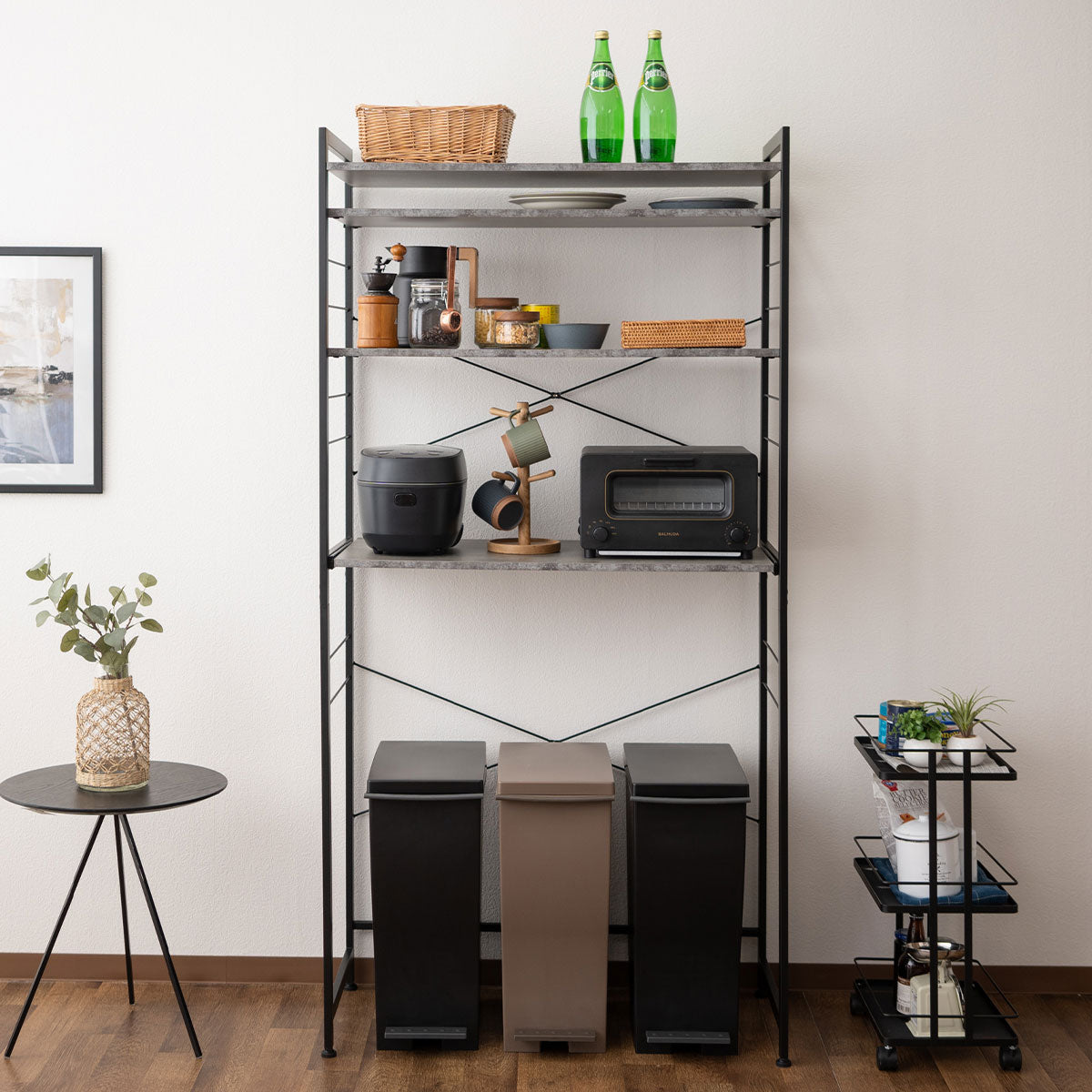 キッチンラック 幅60cm 幅90cm 3段 大型レンジ対応 収納ラック ゴミ箱上ラック レンジ台 レンジラック 収納棚 キャビネット ラック 冷蔵庫 ゴミ箱 ごみ箱 ダストボックス ゴミ箱上収納 キッチン収納 収納家具