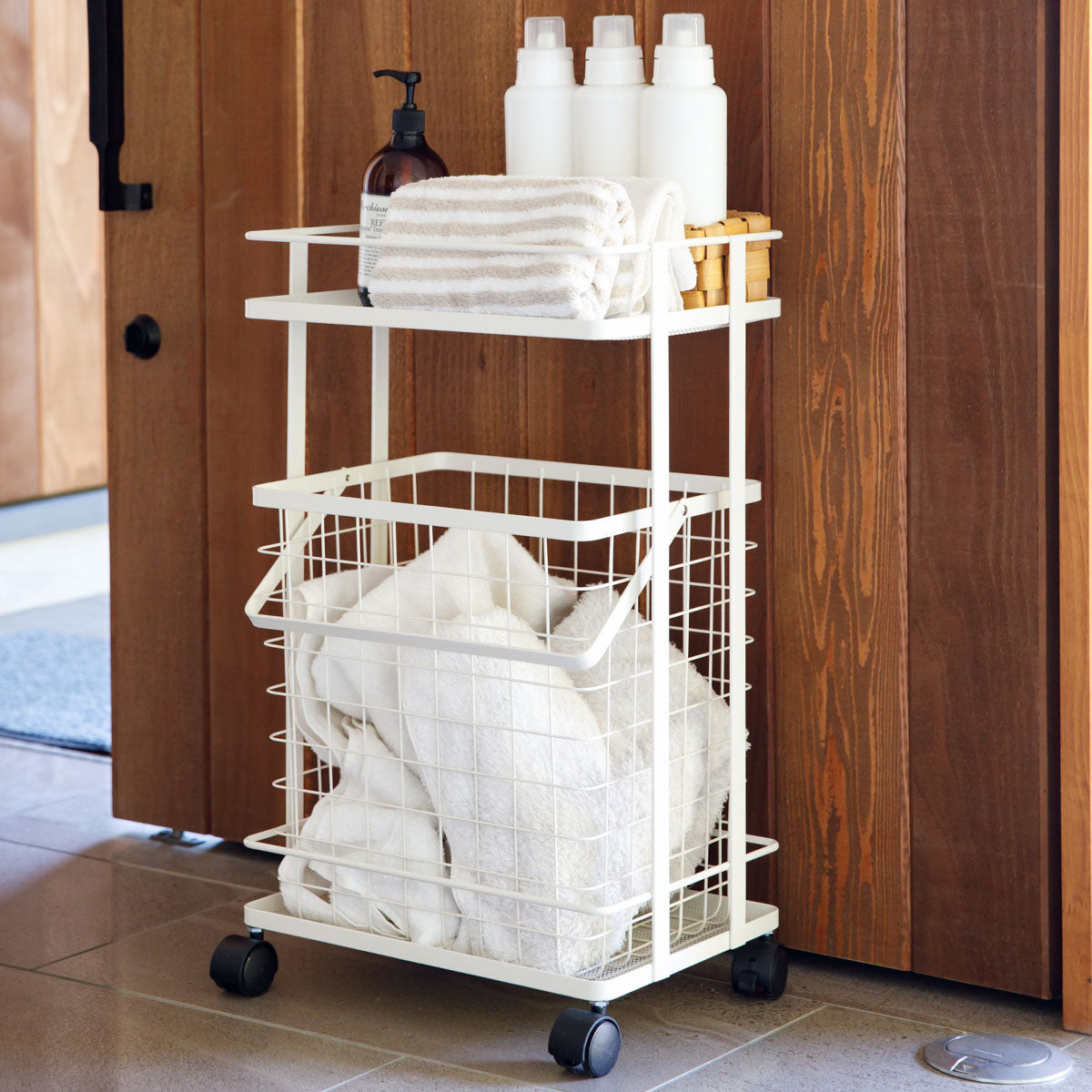 ランドリーワゴン 幅40cm スリム バスケット付き キャスター付き オープンラック 収納ラック マルチラック キッチンストッカー ワゴン ラック 出し入れ簡単 隙間収納 ランドリー収納 キッチン収納 収納家具